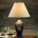 Blue Handcrafted Urn Base Table Lamp Country Resin 1 Bulb Family Room Night Light with Cone Lamp Shade