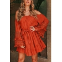 Gorgeous Ladies Red Bell Sleeves Off the Shoulder Stringy Selvedge Hollow Out Bow Tie Waist Ruffled Mini Pleated A-Line Dress for Vacation