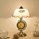 1-Bulb Nightstand Light Farmhouse Flower Printing White Glass Night Lamp in Brass with Clock