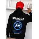 Trendy Letter Smoking Kills Lightning Warning Sign Graphic Long Sleeve Drawstring Pouch Pocket Sherpa Liner Relaxed Hoodie in Black
