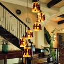 6 Lights Bell Cluster Pendant Vintage Brown Finish Yellow Rippled Glass Down Lighting with Wood Linear Stripe Deco