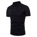 Casual Mens Short Sleeve Stand Collar Button Up Linen Plain Slim Fit Polo Shirt