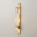 Linear Metal Wall Light Fixture Postmodern 1 Light Gold Finish Sconce with Tube Ribbed Glass Shade