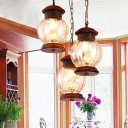 Kerosene Tan Glass Cluster Pendant Industrial 3-Light Living Room Wood Hanging Lamp Kit in Copper