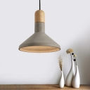 Cement Flared Ceiling Pendant Light Antiqued 1-Light Shop Hanging Lamp Fixture in Grey and Wood