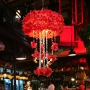 Red Drum Cage Ceiling Chandelier Factory Iron 4 Bulbs Restaurant Flower Pendant Lamp with Crystal Bead