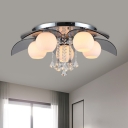 Chrome Petals Flushmount Modern Stainless Steel 5-Head Bedroom Ceiling Lamp with Crystal Drape and Dome Milk Glass Shade
