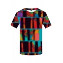 Fashionable Guys Short Sleeve Crew Neck Abstract Geo 3D Patterned Colorblock Regular Fitted T Shirt in Red