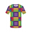 Unique Mens Short Sleeve Crew Neck Geometric 3D Patterned Color Block Relaxed Fit Colorful Tee Top