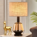 Cylindrical Fabric Table Light Single Bulb Sitting Room Nightstand Lamp in White/Beige with Urn Amber Glass Base