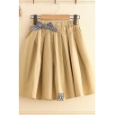 Pretty Ladies Elastic Waist Bow Tie Cartoon Patchwork Mini Pleated A-Line Skirt