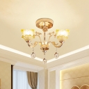 Retro 2-Layer Ruffle Semi Flush Light 3 Bulbs Crystal Ceiling Mount Chandelier with Gold Curved Arm