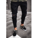 Exclusive Mens Mid Rise Ripped Zipper Detail Ankle Length Slim Fitted Jeans in Black