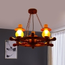 3-Light Wood Ceiling Lamp Farmhouse Brown Rudder Dining Room Chandelier Lighting Fixture with Lantern Yellow Glass Shade