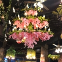 21-Bulb Candle Tiered Chandelier Farmhouse Pink Iron Pendant Ceiling Light with Flower Decoration