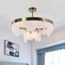 Mid Century 2-Tier Circle Semi Flush Frosted Glass 6 Lights Living Room Ceiling Mount Light in Brass