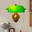Vintage Shaded Pull-Chain Wall Lamp Single-Bulb Green Glass Sconce Light Fixture for Bedroom