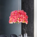 Pink 1 Head Hanging Lamp Kit Lodge Iron Cherry Flower Drum Pendant Ceiling Light for Living Room