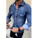 Mens Trendy Roll Up Sleeve Spread Collar Button Down Flap Pockets Bleach Fitted Plain Denim Shirt