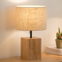 Drum Fabric Table Light Modernism 1 Head Flaxen Pull Chain Nightstand Lamp with Cuboid Wood Base