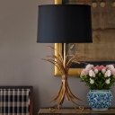 Antiqued Brass Wheat Bunch Table Lamp Farm Fabric Single Family Room Nightstand Light with Black Drum Lampshade