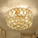 Gold Drum Flush Mount Ceiling Light Modern Crystal Orbs 3 Lights Bedroom Flush Mounted Lamp