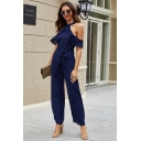 Glamorous Ladies Blue Short Sleeve Cold Shoulder Ruffled Trim Bow Tie Waist Ankle Straight Jumpsuit