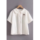 New Fashion Girls Short Sleeve Sailor Collar Cartoon Embroidered Contrast Piped Button Up Relaxed Shirt in White