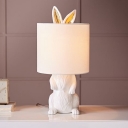 Rabbit Shape Bedside Night Table Light Resin LED Cartoon Night Lamp in White with Cylinder Fabric Shade