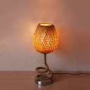 2-Layer Teardrop Shaped Table Light Asian Bamboo Rattan 1 Bulb Flaxen Night Lamp with Coiled Roped Stand