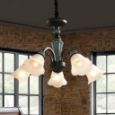 Flower Dining Room Chandelier Farmhouse White Frosted Glass 5/6 Lights Black Ceiling Pendant Lamp