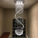 Waterfall Crystal Drip Ceiling Flush Modernist 9-Light Stairway Flushmount Lighting in Satin Nickel