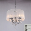 Chrome 4 Lights Chandelier Modernism Metal Candle Pendant with Drum Fabric Shade and Crystal Decor