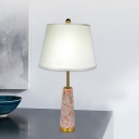 White Barrel Night Light Modernist 1-Head Fabric Table Lamp with Cone Red Marble Base