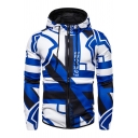 New Stylish Boys Long Sleeve Drawstring Zipper Front All Over Geo Print Colorblock Slim Fit Hoodie