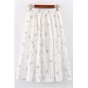 Pretty Ladies Elastic Waist Ditsy Floral Print Long Pleated A-Line Skirt in White