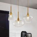 Wavy Multi Light Pendant Modernist Clear/Cognac Glass 3-Light Brass Hanging Ceiling Lamp