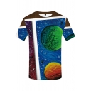 Cool Popular Boys Short Sleeve Crew Neck Oil Painting Planet 3D Printed Colorblocked Fitted T Shirt in Blue