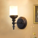 Retro Pillar Wall Light Fixture Single Bulb Tan Glass Wall Mount Lamp in Black for Living Room