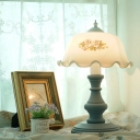 1-Head Flower Night Table Light Romantic Style Blue White Printing Glass Nightstand Lamp
