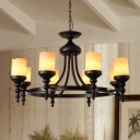 Black Circular Suspension Pendant Light Retro Iron 8 Bulbs Living Room Chandelier with Marble Pillar Shade