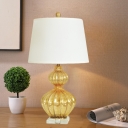 Fabric Tapered Drum Shade Table Light Farmhouse 1 Bulb Living Room Nightstand Lamp with Gourd Base in Gold