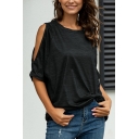 Leisure Womens Short Sleeve Cold Shoulder Solid Color Twist Front Loose Tee