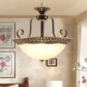 Brass Bowled Hanging Chandelier Antiqued Opaline Glass 3 Bulbs Parlor Drop Lamp with Cutouts Trim
