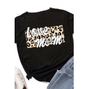 Casual Trendy Girls Roll Up Sleeve Crew Neck Letter LOVE MOM Leopard Graphic Regular Fitted T-Shirt