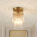 Crystal Drop 2 Tiers Semi Mount Lighting Modernist 1 Bulb Bedroom Ceiling Flush Light in Brass