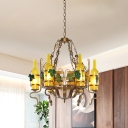 6 Heads Chandelier Lighting Art Deco Restaurant Hanging Ceiling Lamp with Bottle Yellow Glass Shade in Brass