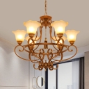 6 Lights Chandelier Lighting Traditional Living Room Drop Pendant with Flower Beige Glass Shade in Brown