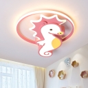 Sea Horse Flush Ceiling Lights Modernist Acrylic Pink LED Flush Mount Lamp with Ring for Kindergarten in Warm/White Light