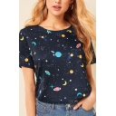Fashionable Womens Short Sleeve Round Neck All Over Moon Planet Star Printed Regular Fit T-Shirt